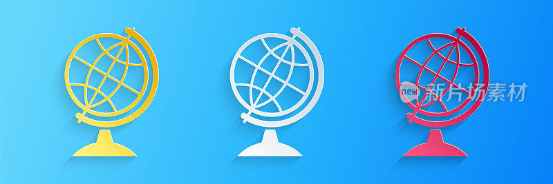 Paper cut Earth globe icon isolated on blue background. Paper art style. Vector